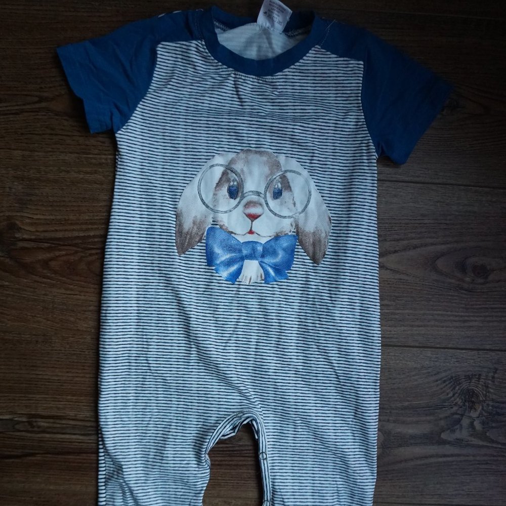 Black & white striped cute bunny onesie with blue sleeves 18-24 months